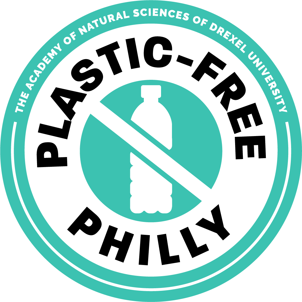 The Academy of Natural Sciences of Drexel University Plastic-Free Philly (the campaign logo consists of concentric circles: a teal circle at the center with a white silhouette of a single-use plastic drink bottle with a line through it diagonally. Around that is a white ring with Plastic-Free Philly written around it in black, and the outer ring is teal with the full name of ANS written out in white arching over the top.